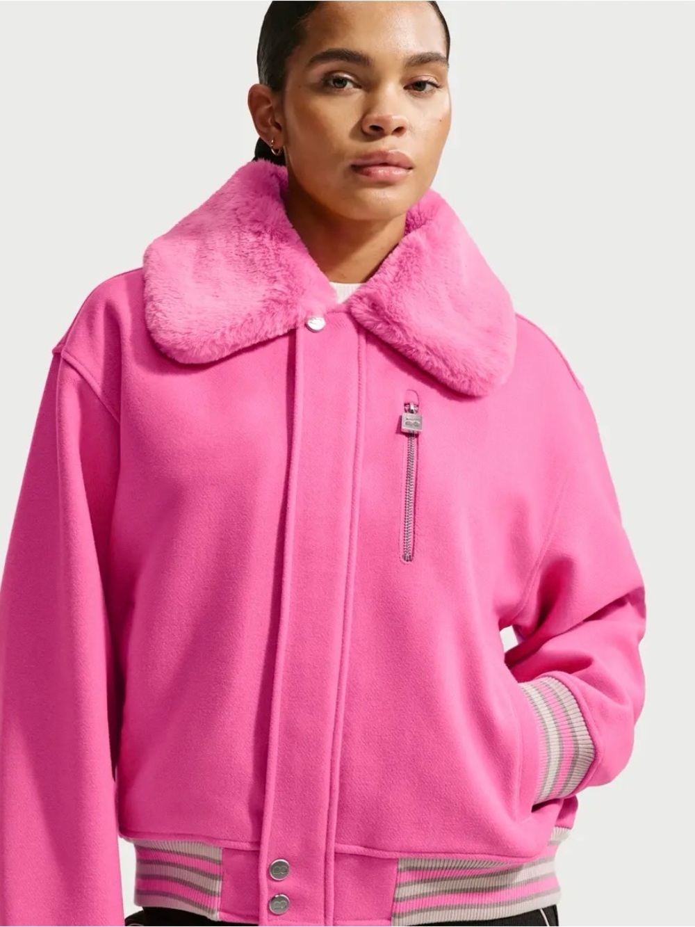 NWT Nike x Naomi Osaka Pink Varsity Wool Faux Fur Jacket Small S-Tall $300